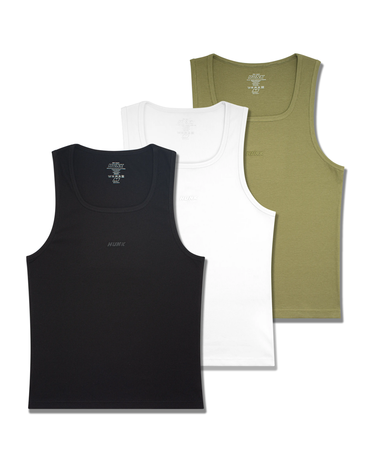 Empire 3-Pack Tanks — Black, Olive and White ribbed tank tops