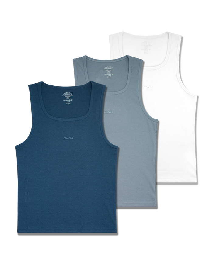 Tidal 3-Pack Tanks — Navy, Slate Grey and White ribbed tank tops