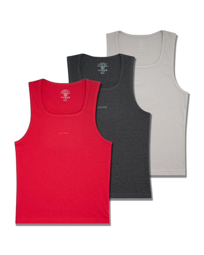 Volcano 3-Pack Tanks — Light Grey, Charcoal and Red ribbed tank tops