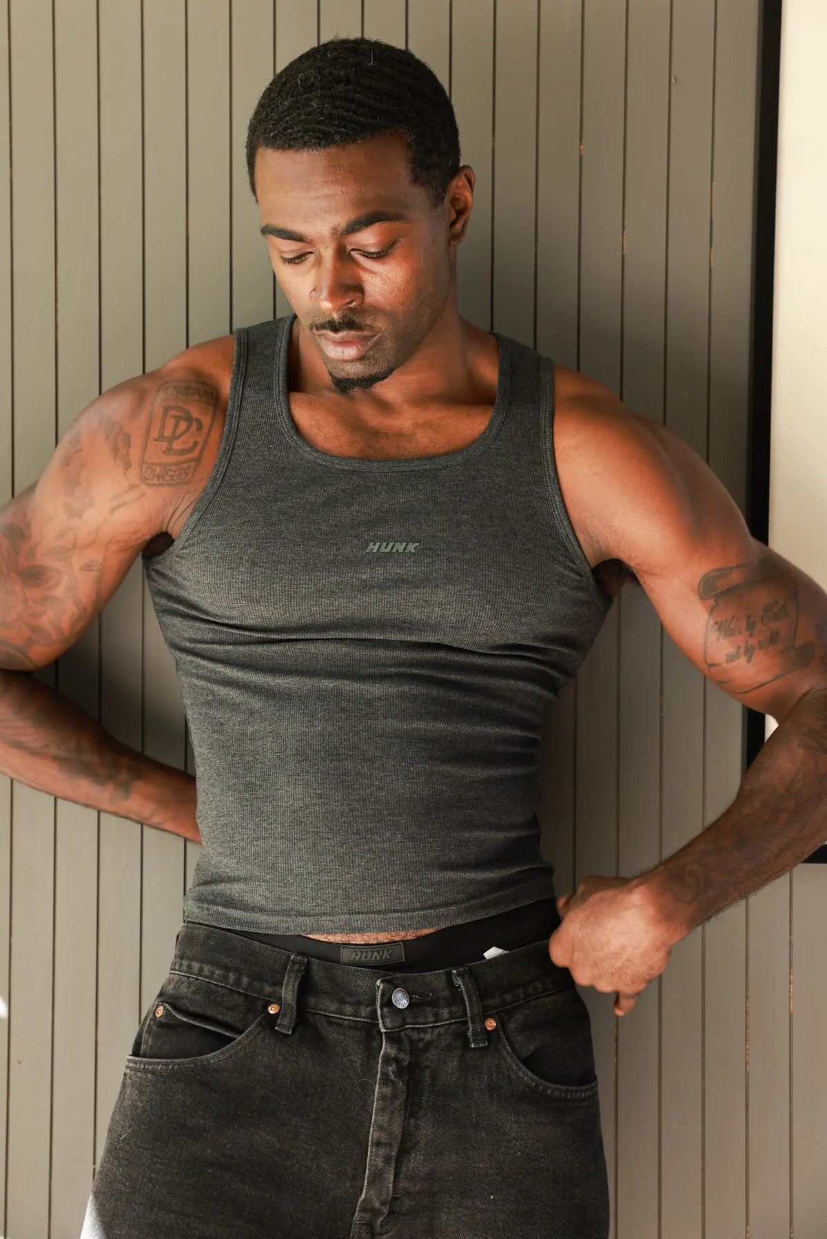 Volcano 3-Pack Tanks — charcoal ribbed tank top, front view
